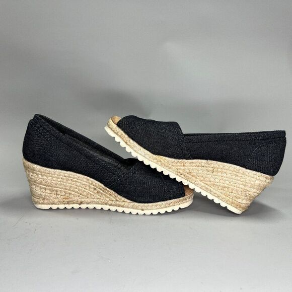 Skechers Wedge Sandals Women's Size‎ 8 Dark Blue Denim Espadrille Open Toe Heels - Picture 7 of 12